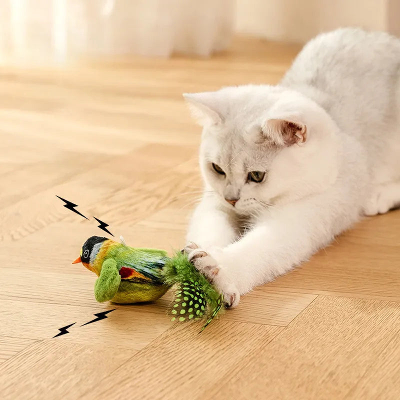 Flappy Chase cat toy with flapping wings and chirping sparrow simulation in Blue, Grey, or Green