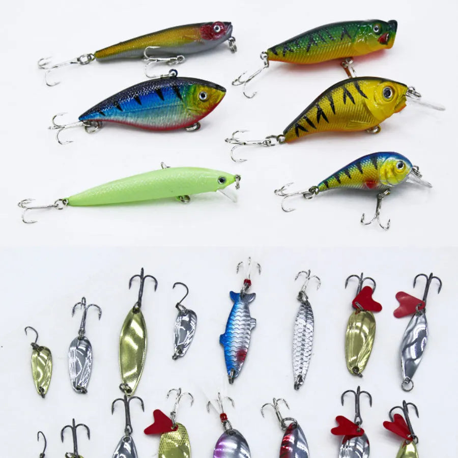 132-piece rose red treasure fishing lure suit set with soft baits and hooks on a blue background.
