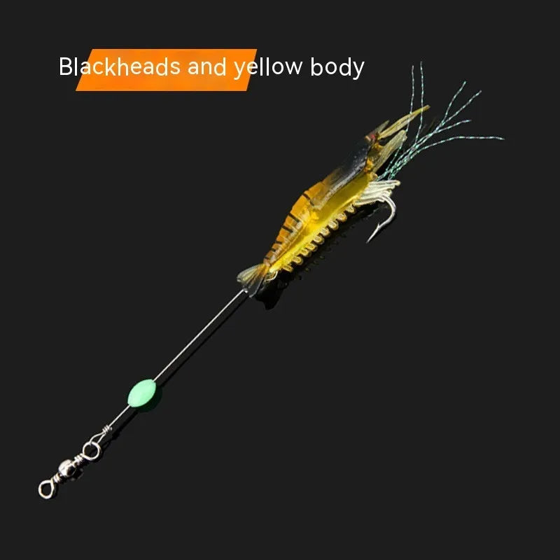 Six soft plastic fishing lures with fixed hooks in assorted colours including black head yellow body and luminous pink