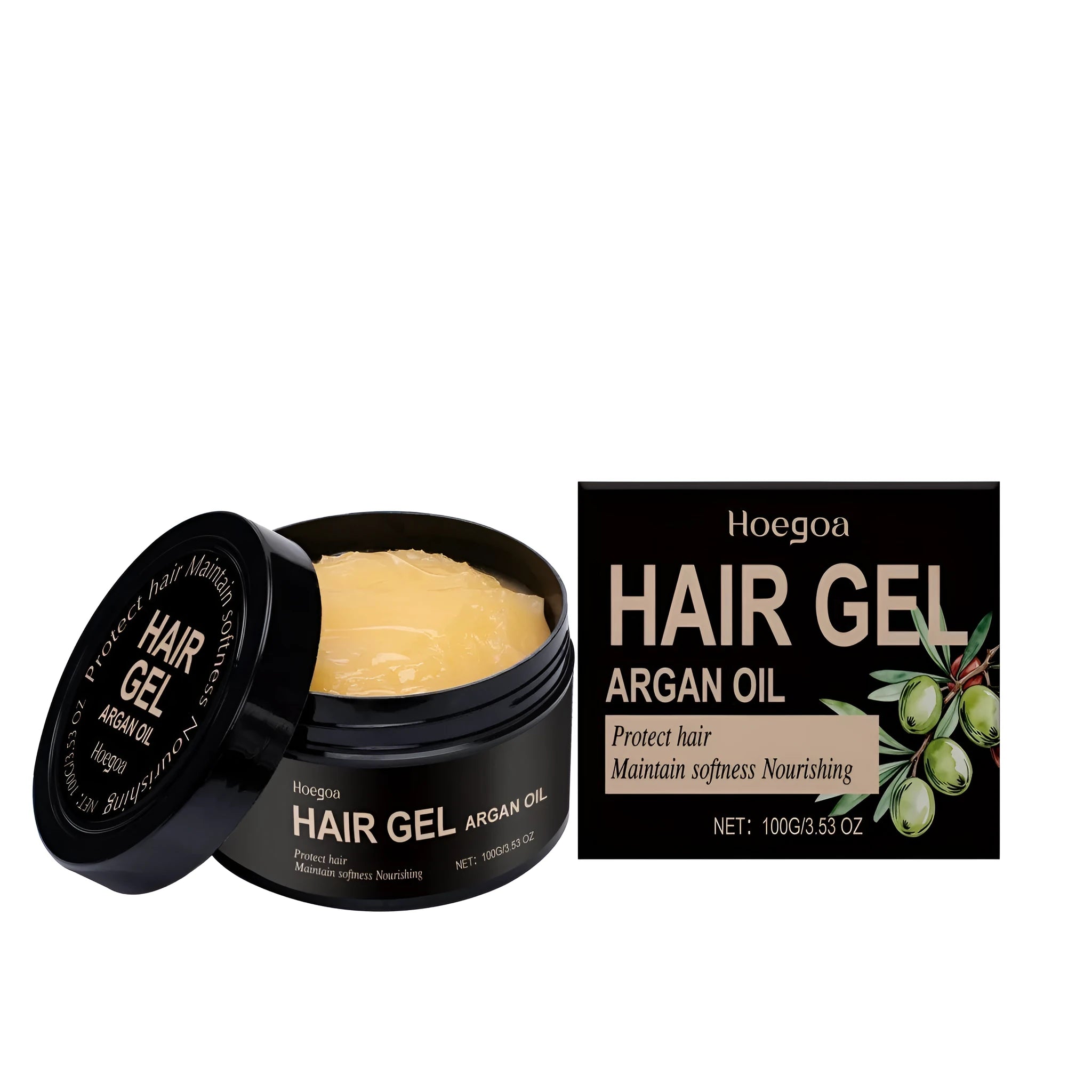 100ml bottle of clear Moroccan Nut Oil Hair Styling Gel with hyaluronic acid.