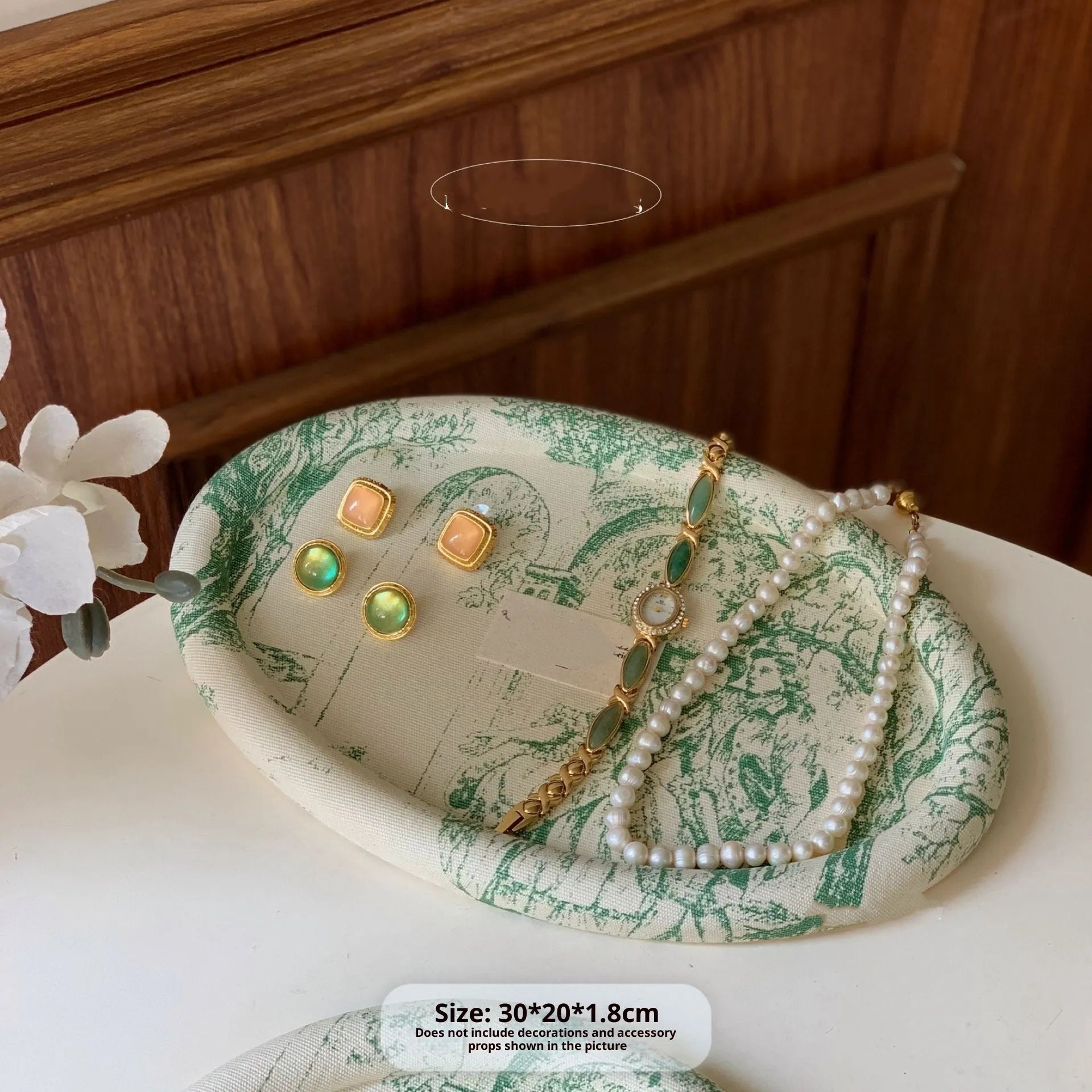 Retro fabric MDF jewellery tray in French manor style with bracelet and necklace