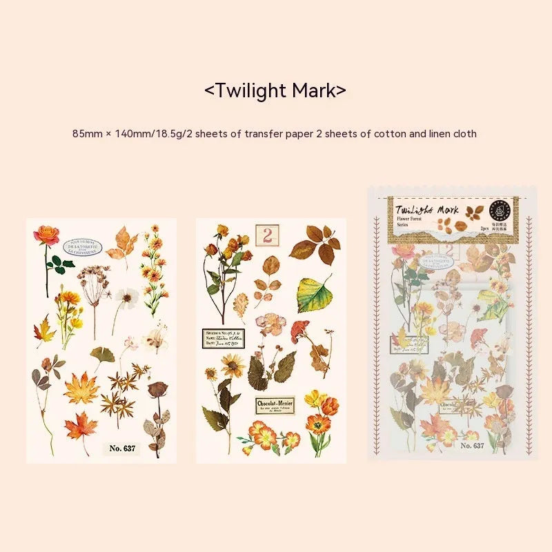 Huazhisen Series sticker pack showing forest label designs on transfer paper and cotton linen sheets