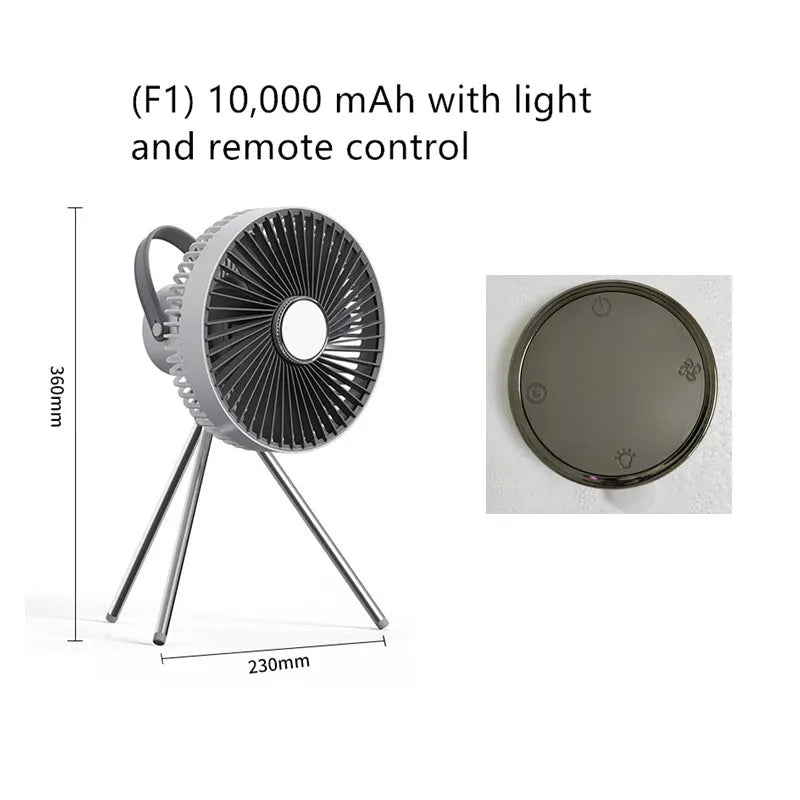 White USB rechargeable camping fan on aluminium tripod showing front view