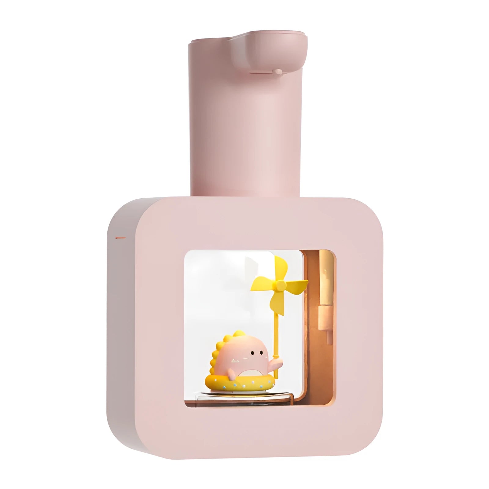 Pink automatic soap dispenser with cartoon unicorn and kitten design for kids bathroom.