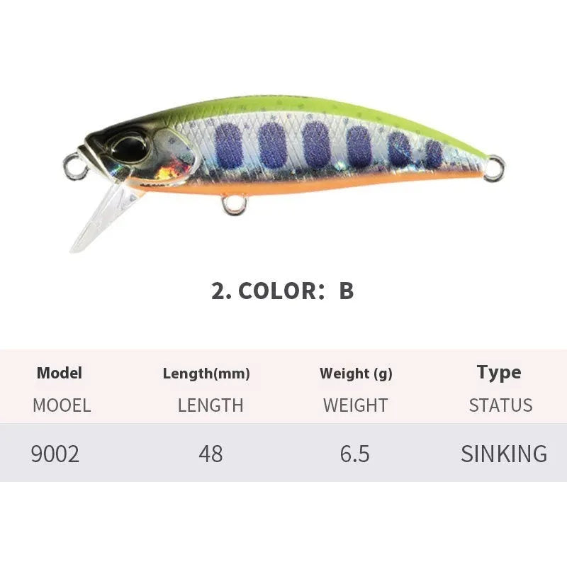 48mm mino fishing lure for snakehead and mandarin fish in various colours.