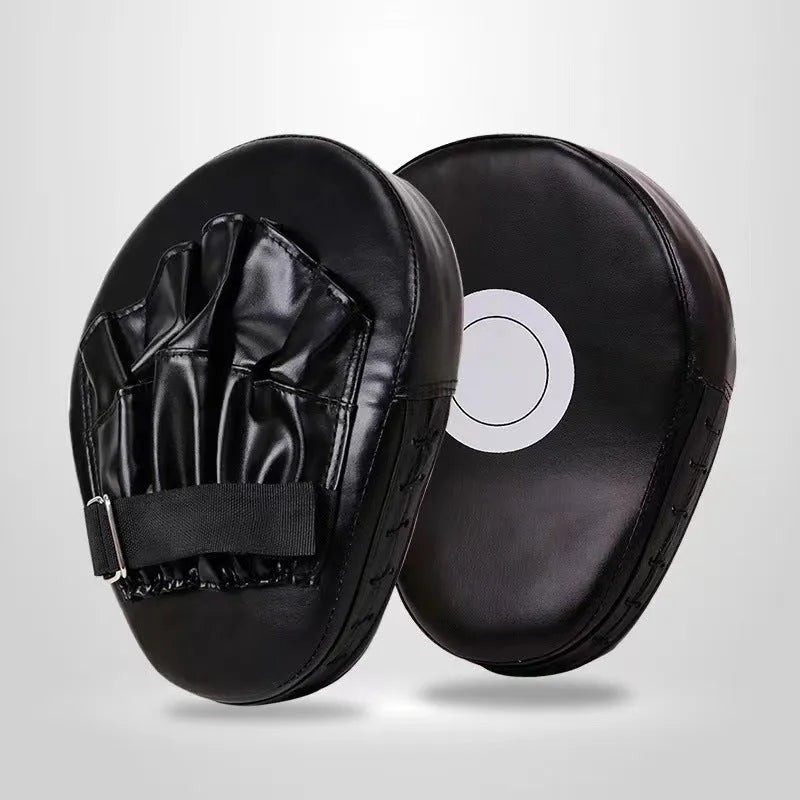A pair of vertical boxing punch mitts or focus pads, showing curved and flat hand target design options in various colour combinations.