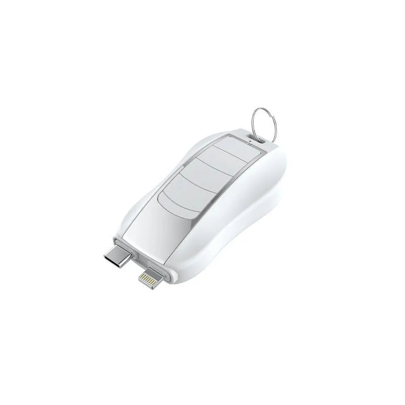 Mini keychain emergency power bank with sports car design in black and blue plastic shell