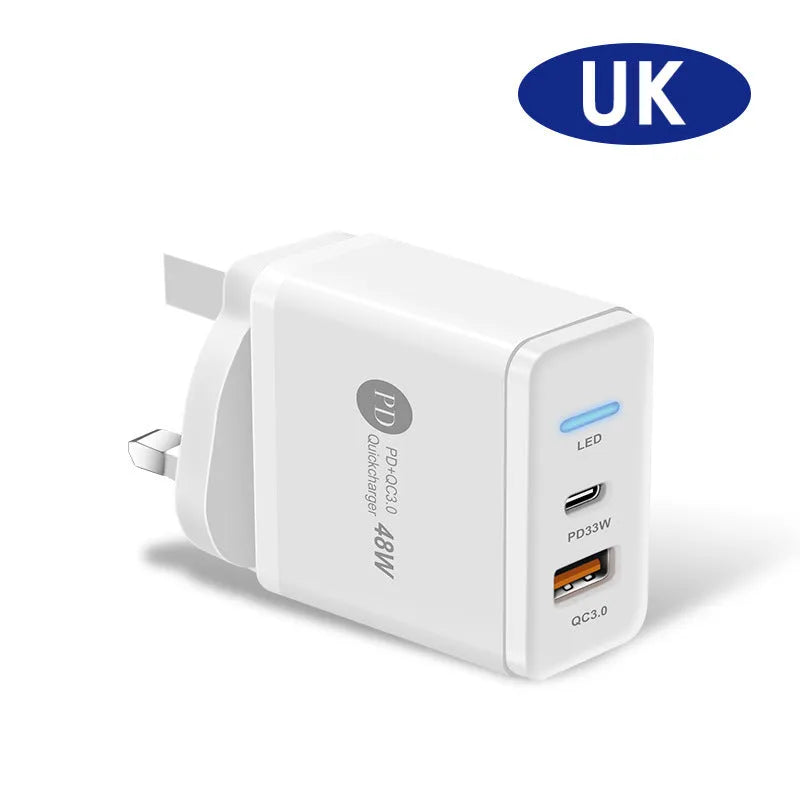 PD48W fast travel charger with USB-C port, indicator light, and choice of US, UK, or EU plug in black or white.