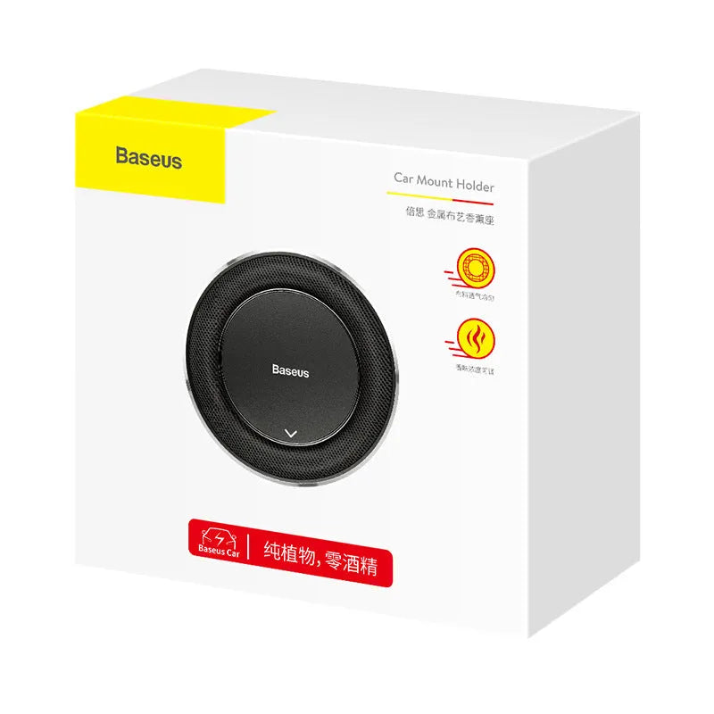 Round aluminium alloy car fragrance diffuser seat in black, red, or silver with four refill tablets.