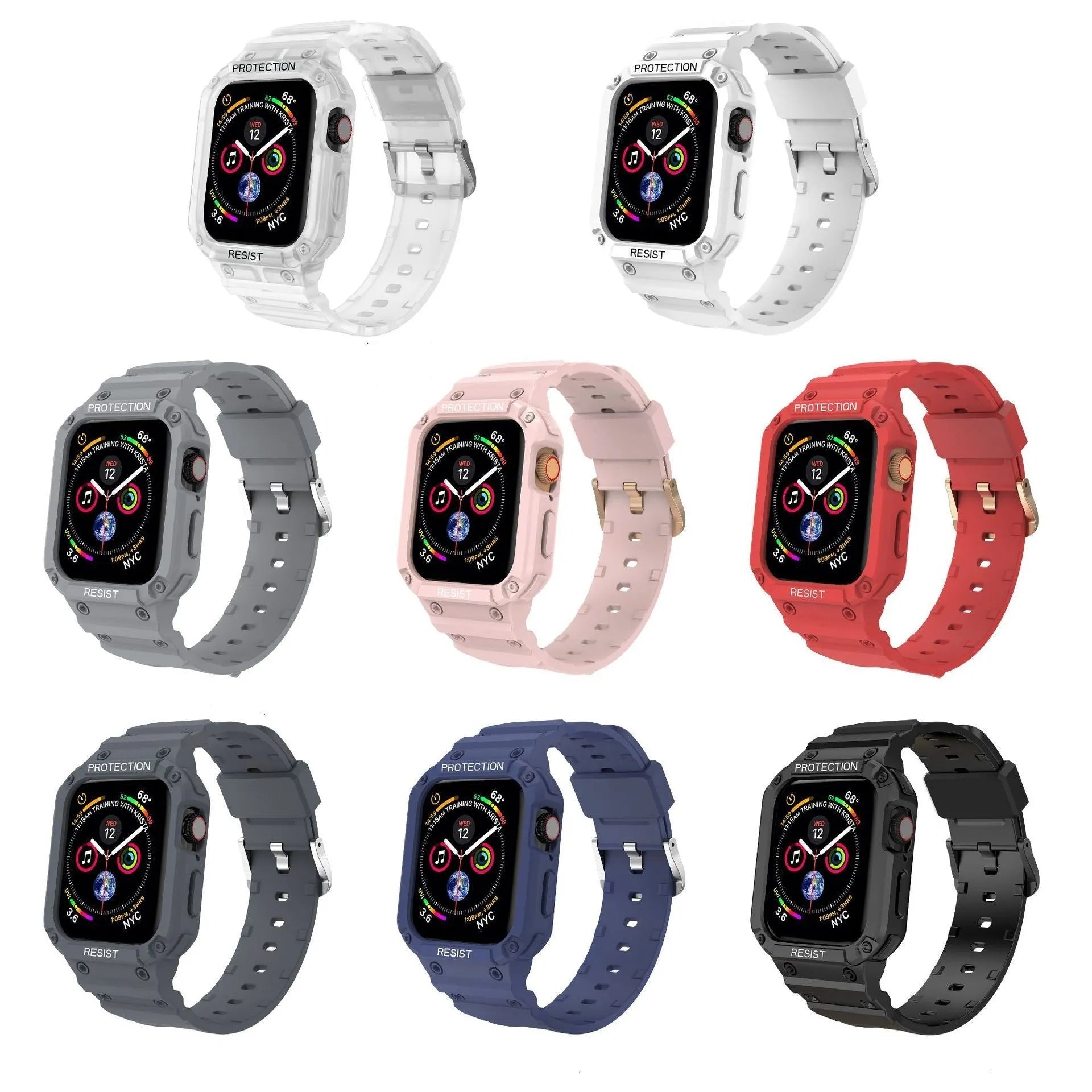 Soft TPU sport strap for Apple Watch Series 8 shown in multiple colours, with 38mm and 42mm size options.