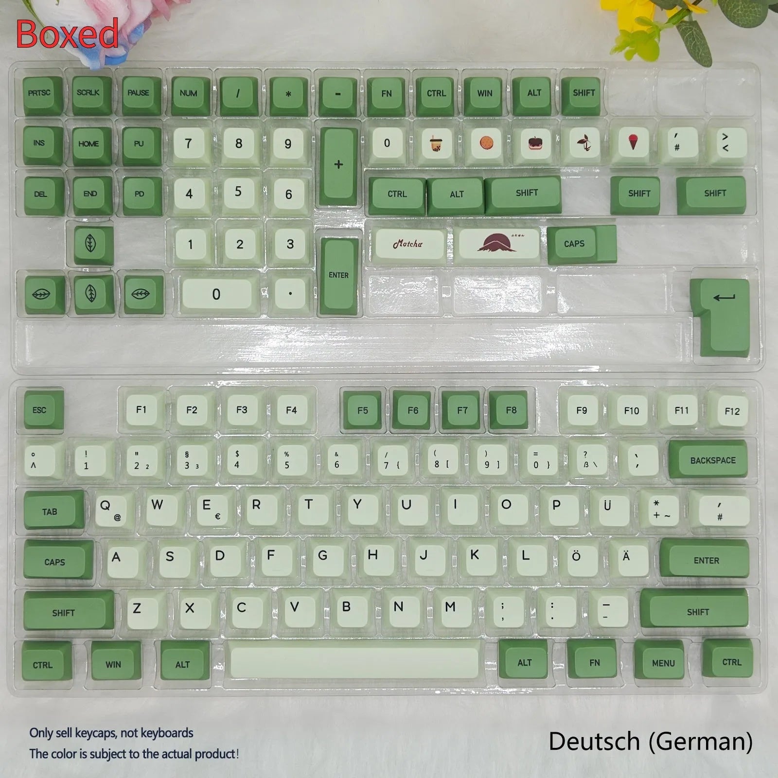 Matcha coloured PBT keycap set with 124 keys showing multiple language legend options