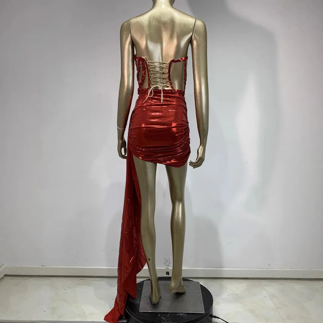 Red spandex skirt suit with hollow mesh see-through detailing for stage costumes