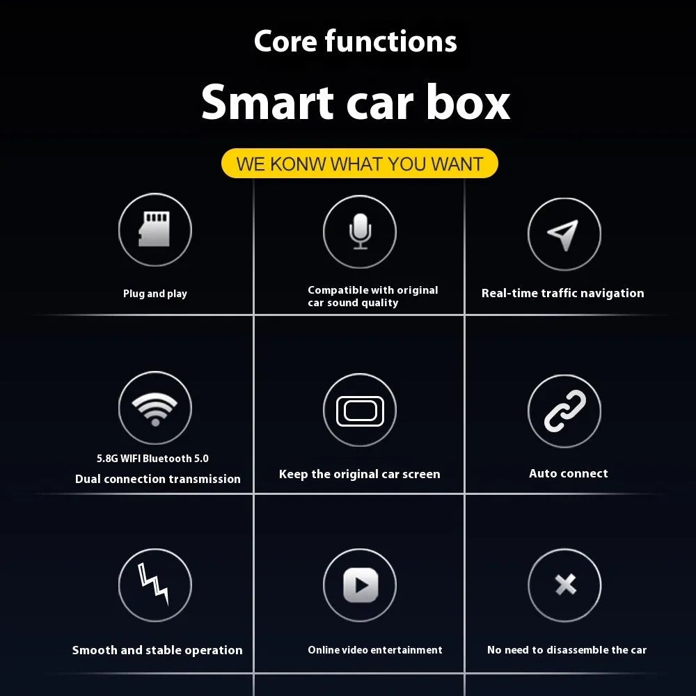Black ABS wireless CarPlay adapter box M25 with 9 inch 1080 capacitive screen and Type-C interface, 65x43x12mm