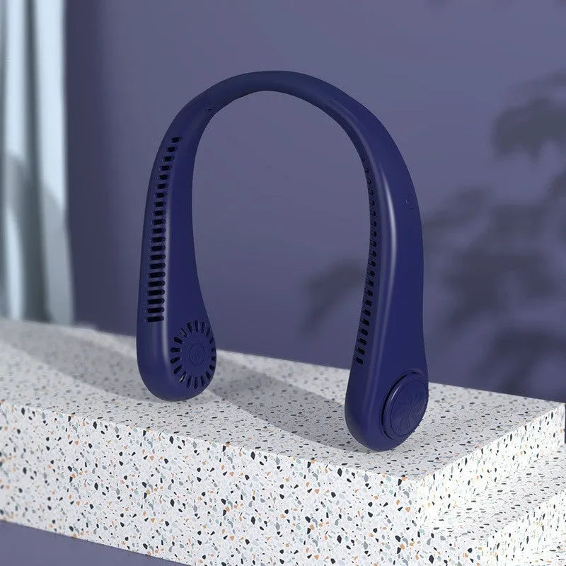 Pink bladeless neck-hanging personal fan with USB charging port.