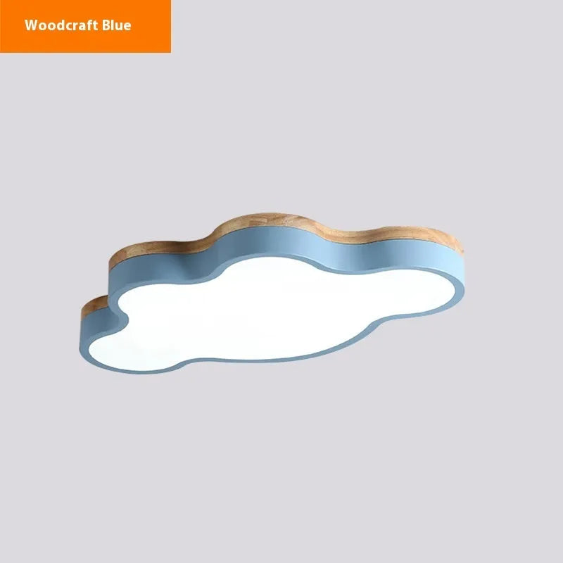 Cloud-shaped LED ceiling lamp with wooden finish in bedroom setting showing dimmable light options