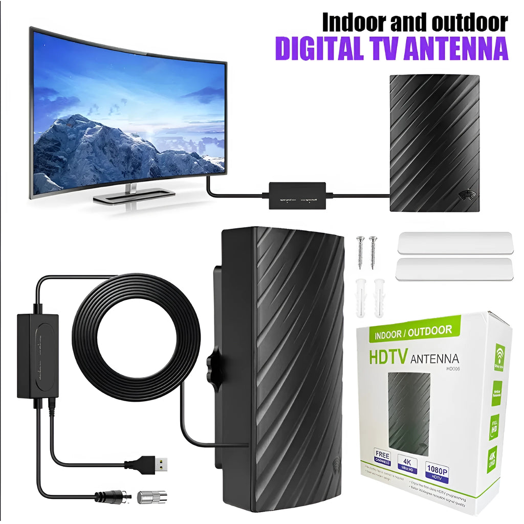 Black plastic digital HD television antenna with included mounting screws, expansion tubes, cable ties, and adhesive tape.