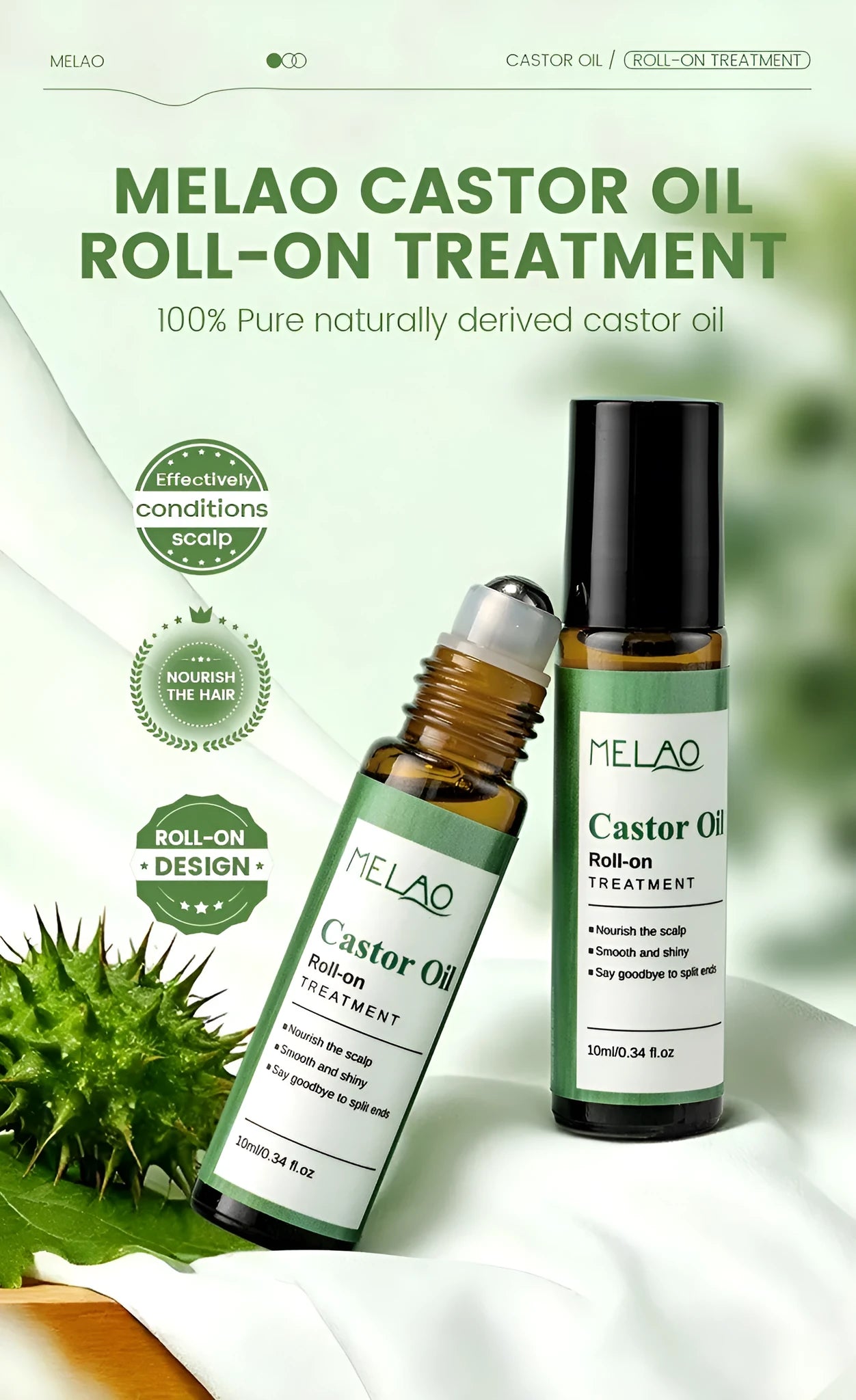 Castor oil roll-on essential oil 10ml portable hair care serum with black roll-on cap
