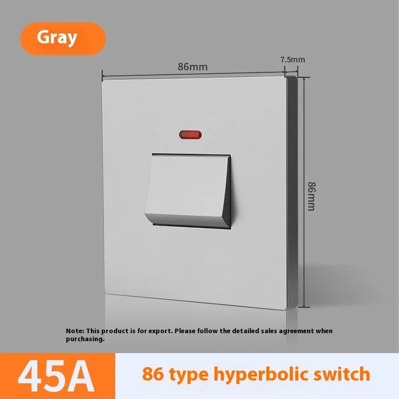 Gold, grey, or white coloured industrial switch with light panel for 25A or 45A high-current circuits.