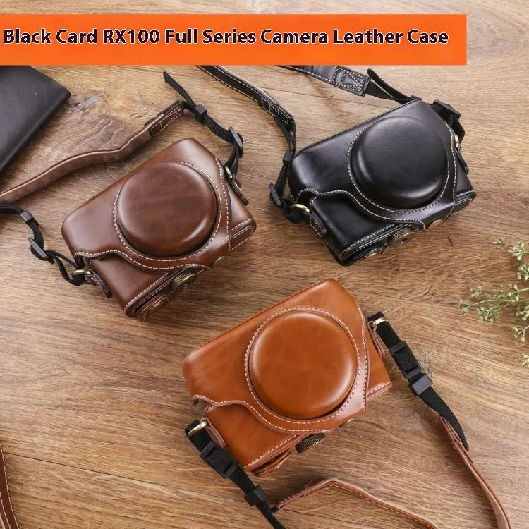 Black imitation leather portable card camera bag with crossbody strap on a solid background