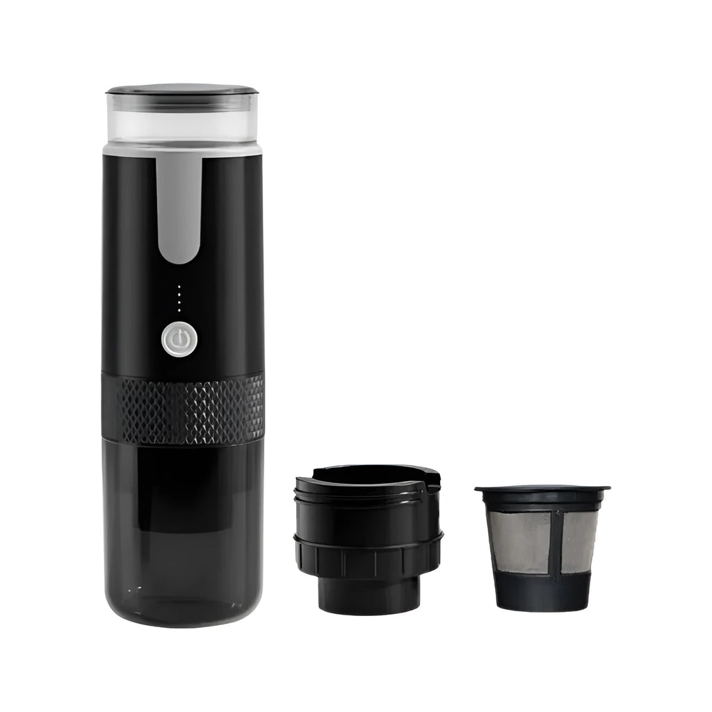 Black portable K-cup coffee machine for car and outdoor use with wireless design