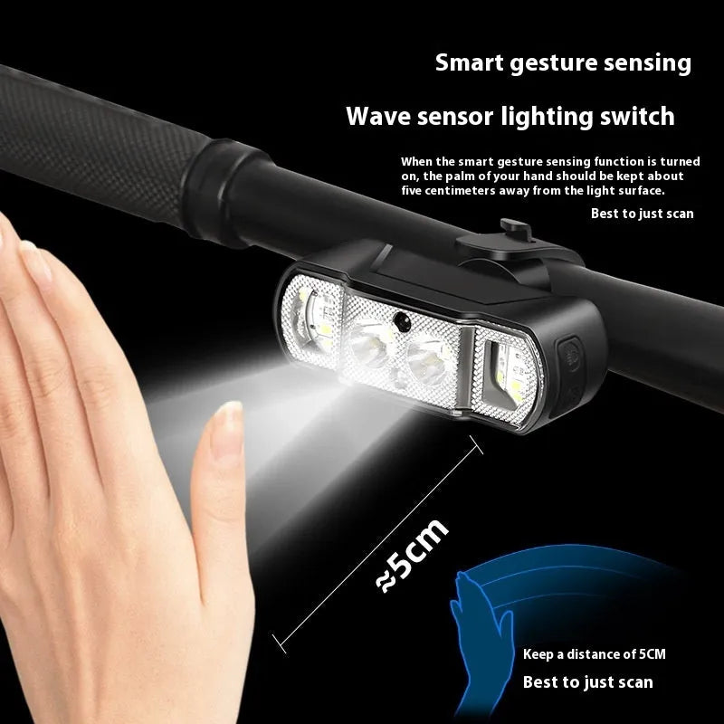 Black bicycle headlight with wave induction control and 350 lumen LED for mountain and road cycling