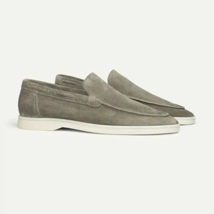Men's matte suede flat shoes in sky blue with rubber sole and round toe