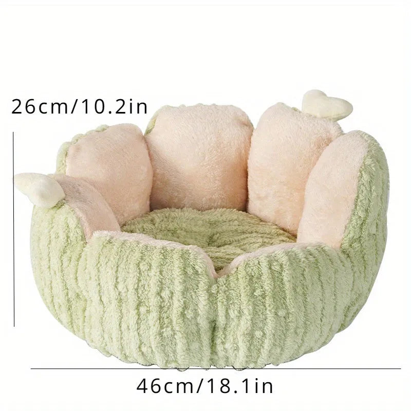 Green cactus design soft pet bed for cats or small dogs on a wooden floor.