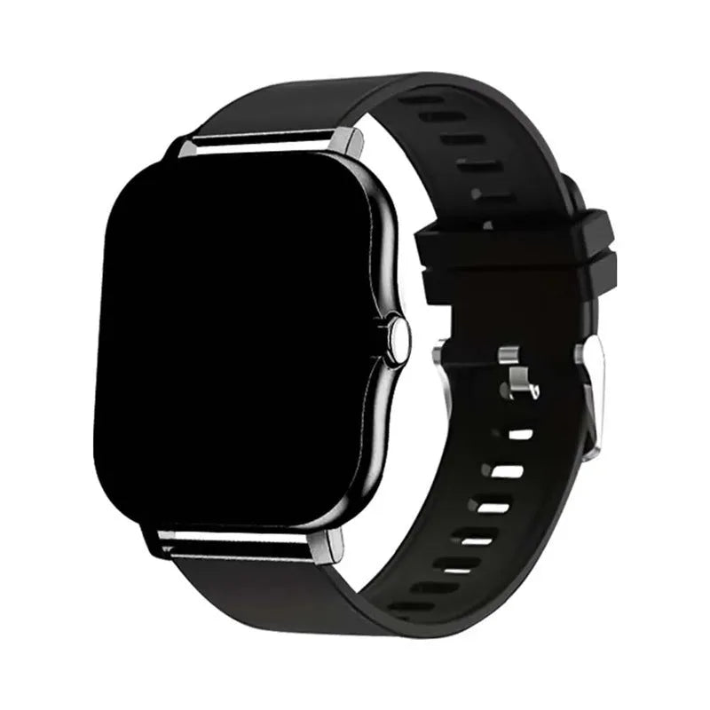 Smart watch with 1.44-inch touch screen showing heart rate and step count display on silicone wrist strap
