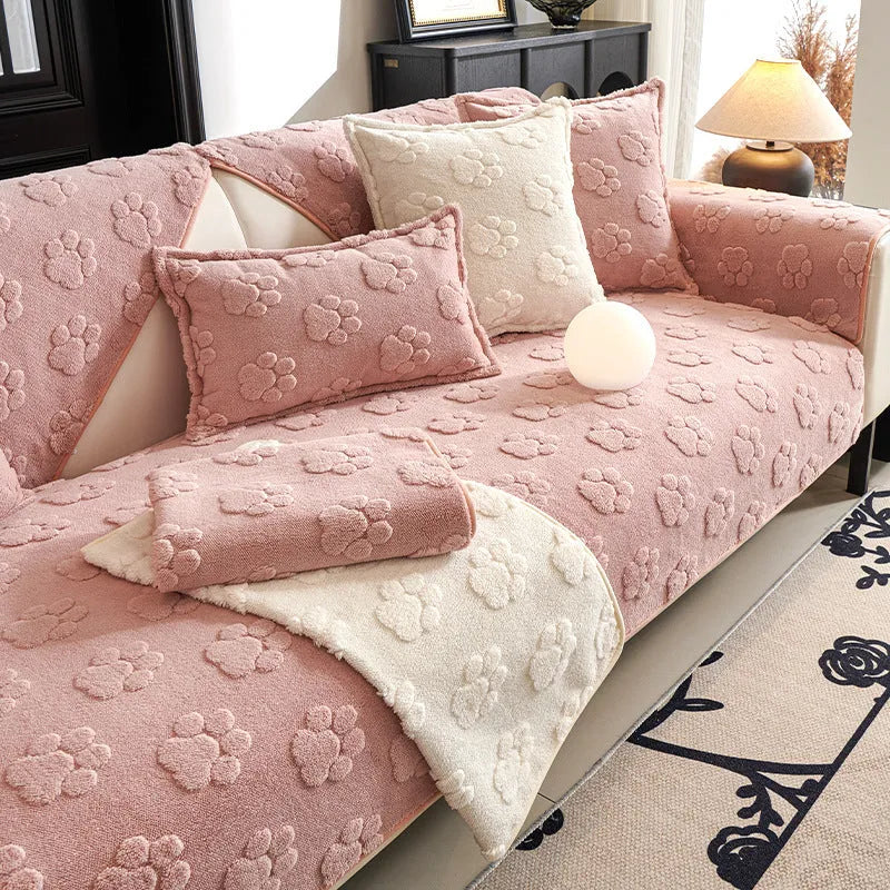 Thickened fleece non-slip sofa cushion in plush solid colour, available in beige, grey, khaki, and pink