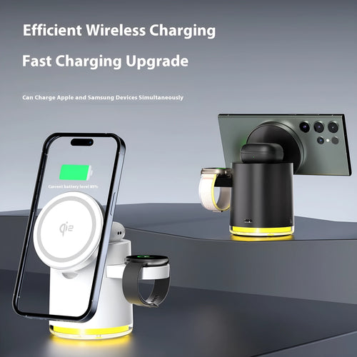 C16 ivory white and black portable magnetic three-in-one wireless folding charger for phone, watch, and earphones.