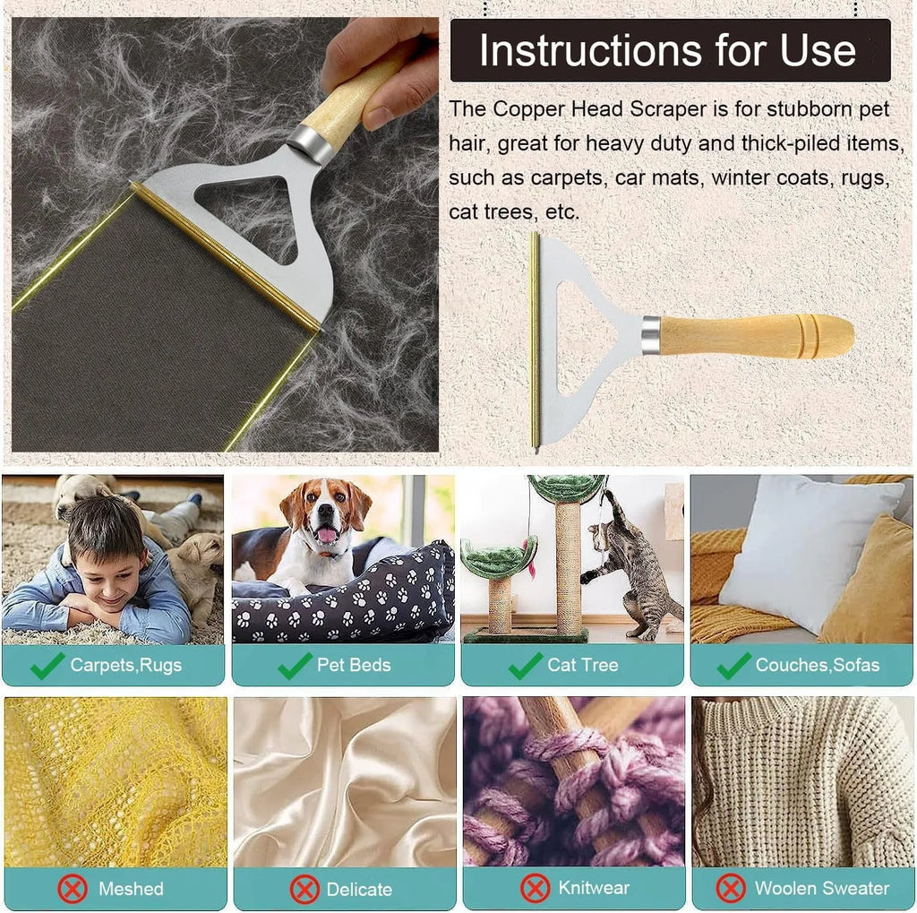 Three-piece pet hair remover set with metal, silicone, and round cleaning tools on a wooden table.