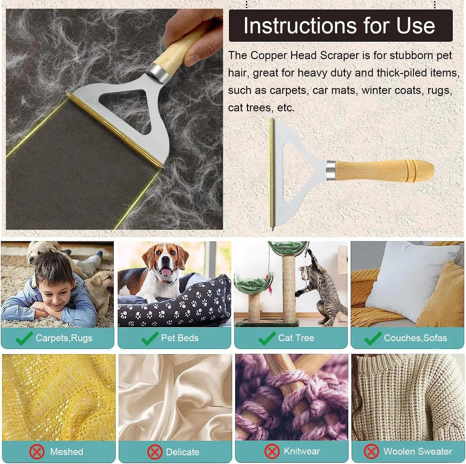 Three-piece pet hair remover set with metal, silicone, and round cleaning tools on a wooden table.