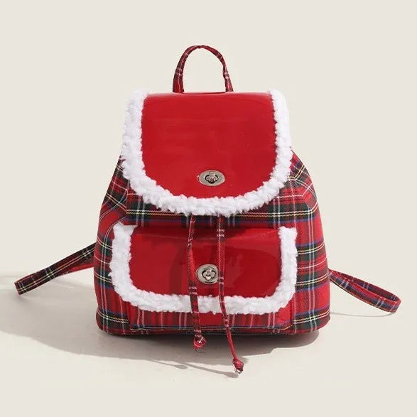 Red plaid lamb wool textured lightweight commuting handbag with stitching and PU leather finish