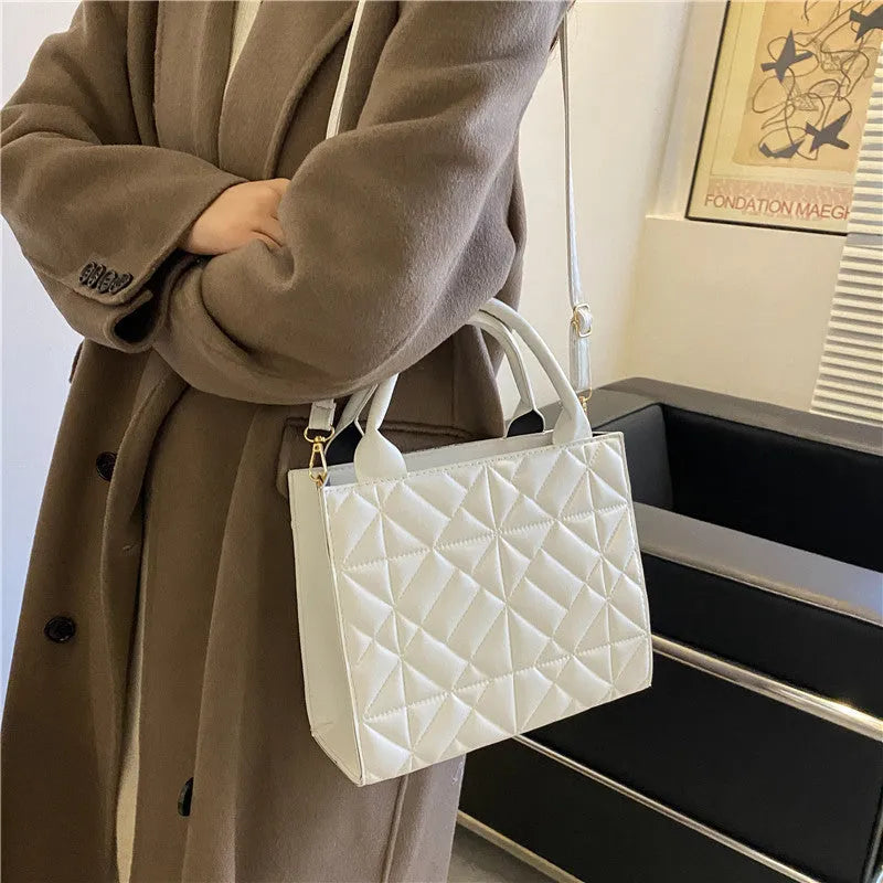 Simple portable large capacity shoulder bag for women retro PU solid colour double straps sandwich pocket