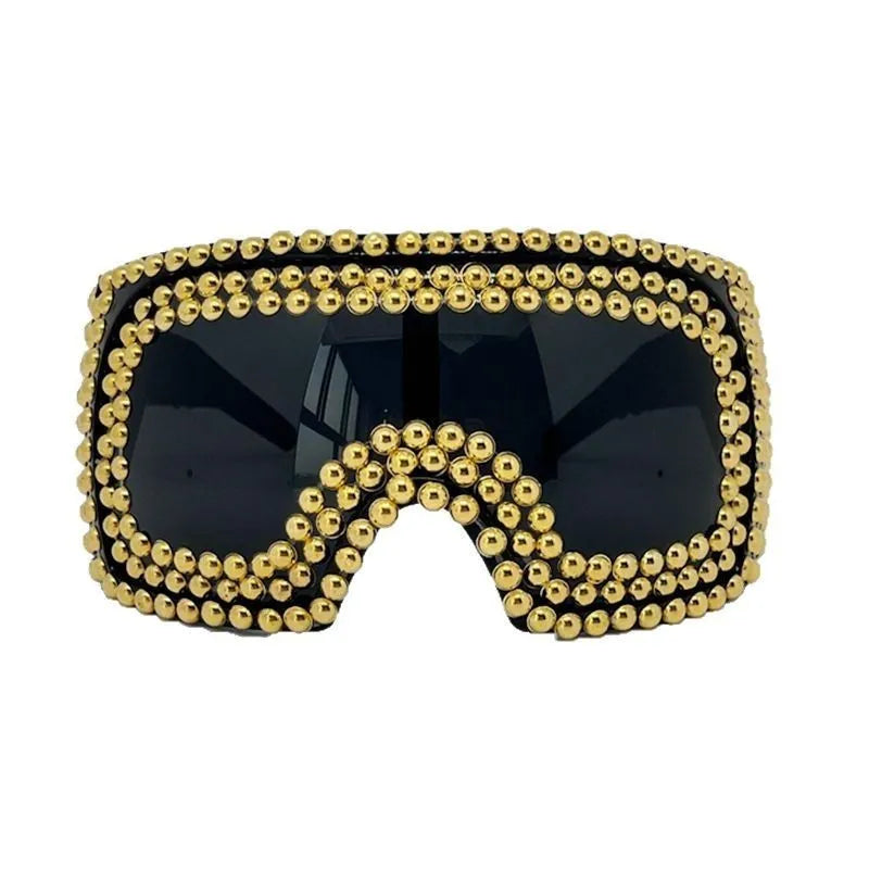 Men's silver punk sunglasses with large square lenses and metal rivet details on the temples.