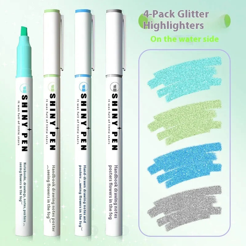 Sparkling Star River set of four glitter highlighter pens with six colour options in a box.