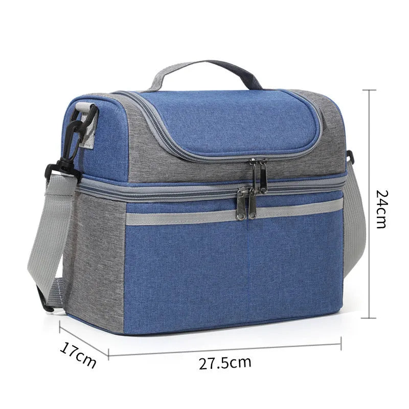 Double-layer colour matching insulated lunch bag in Oxford cloth with aluminum foil lining, black colour, portable style