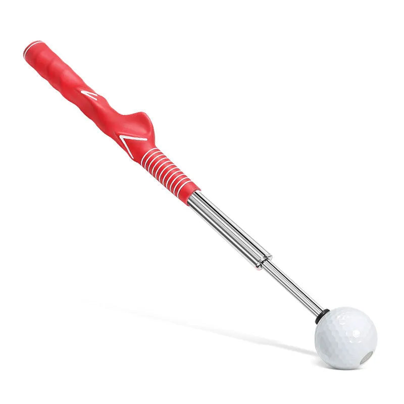 Telescopic stainless steel golf swing simulator with trainer, shown in black, blue, and red colour options.