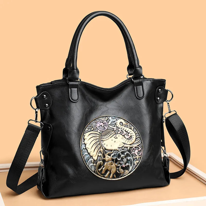 Retro Chinese style soft bread leather crossbody bag, horizontal square shape with stitching, brown and black colour options