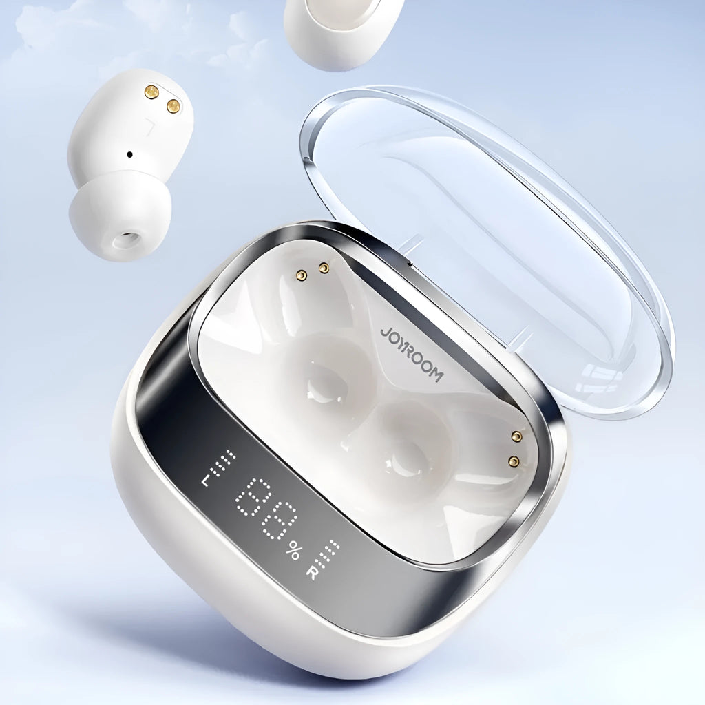 Dawn White wireless in-ear Bluetooth headphones and charging case on a table
