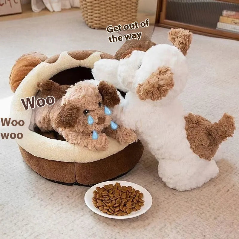 Lying dog plush toy in brown, white, and white and black, available in 35cm, 45cm, and 55cm heights.