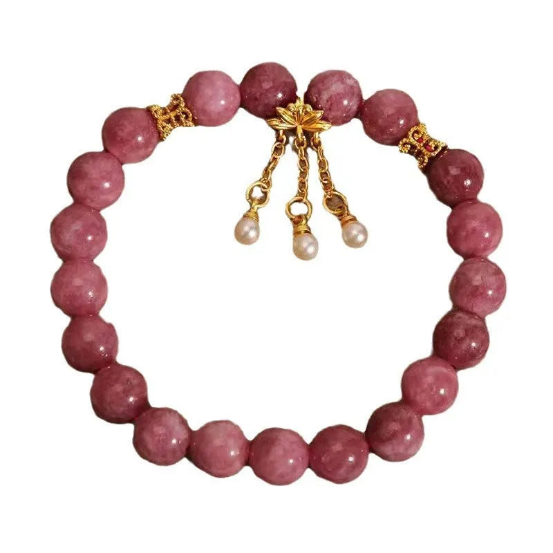 Natural stone bracelet with lotus flower tassel and pearl pendant in pink lotus and crystal beads