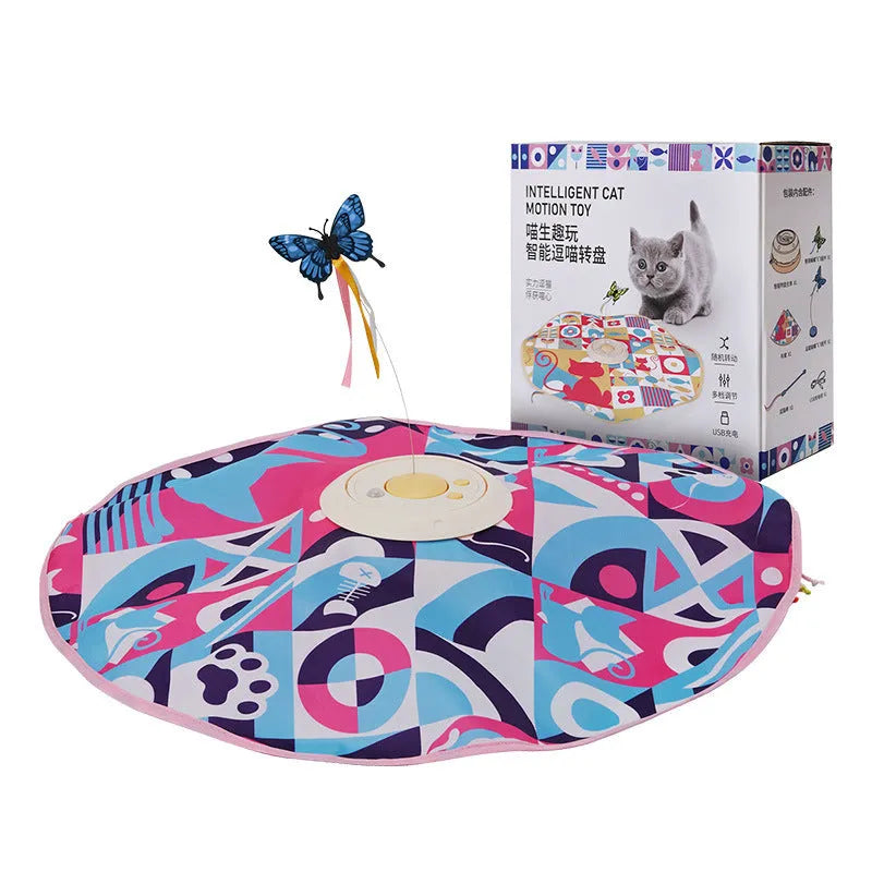 Interactive electric cat toy with USB cable, cloth cover, teaser stick, base, 18.5x18.5x8cm, pink or yellow