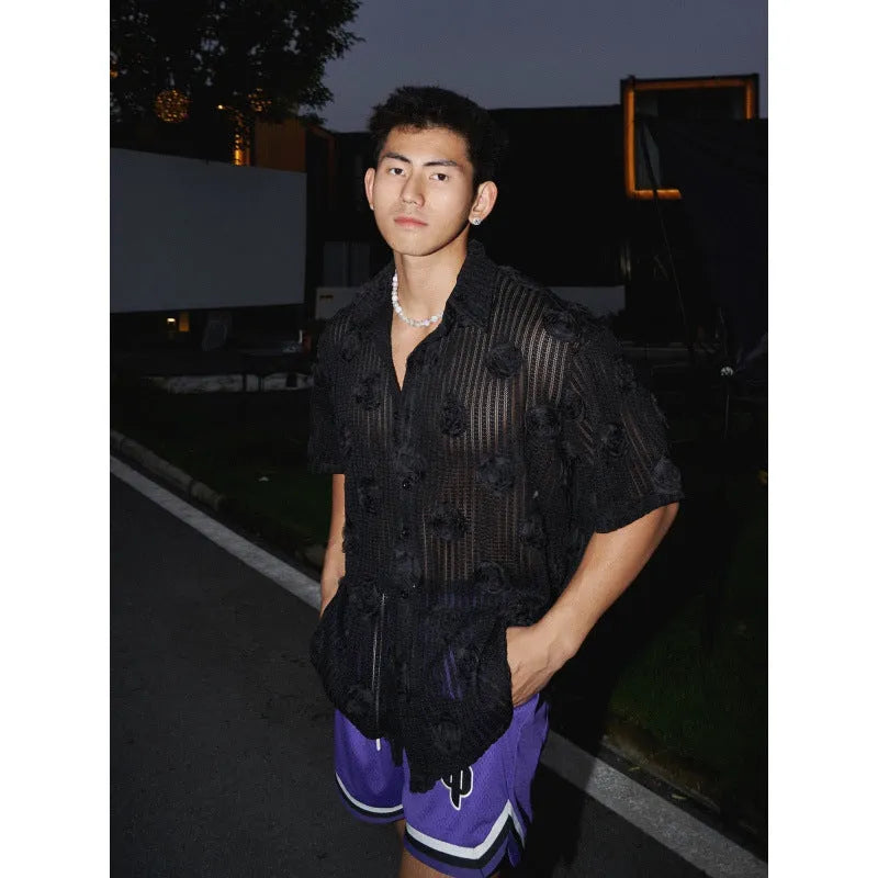 Men's loose fit short-sleeved shirt with a heavy industry floral print in milky white.