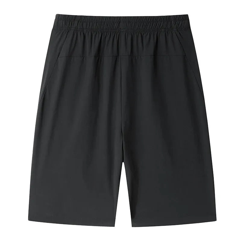 Men's ice silk nylon bermuda shorts in black with high elasticity, straight leg, sizes M to 4XL