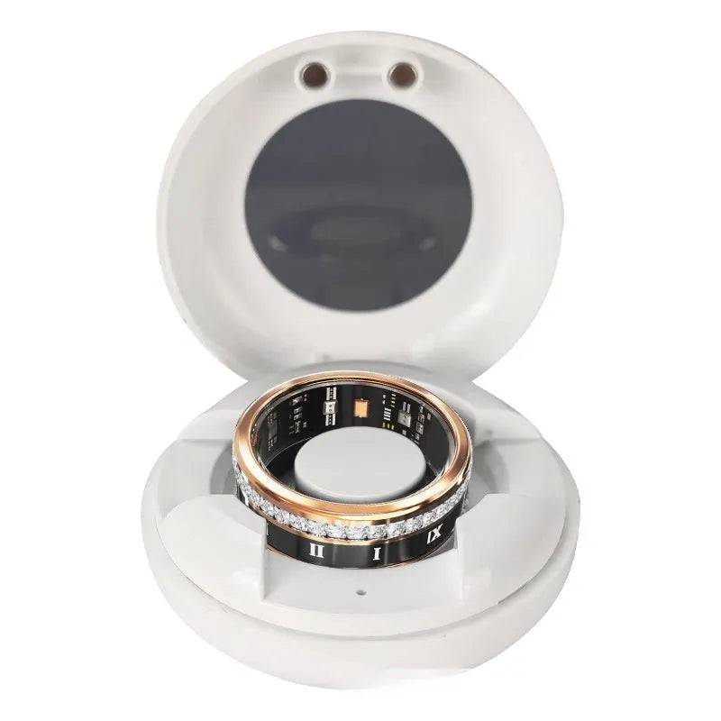Silver and gold smart ring with diamond inlay and blood oxygen monitoring sensors.