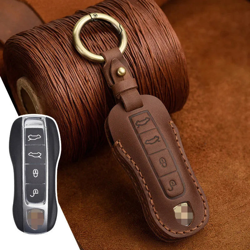 Genuine cowhide leather Porsche key cover with retro bag buckle in blue and brown colour options