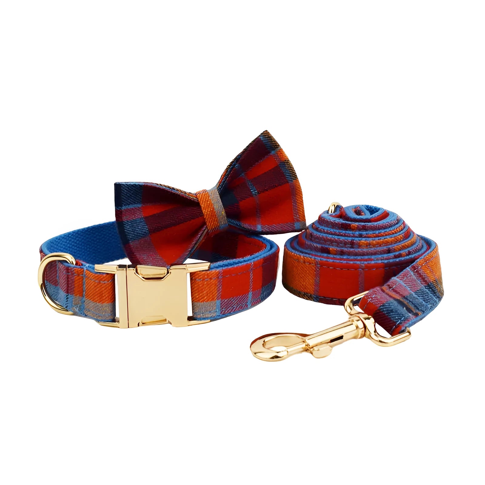 Blue background velvet plaid dog collar with matching hand-holding rope and optional bow accessory