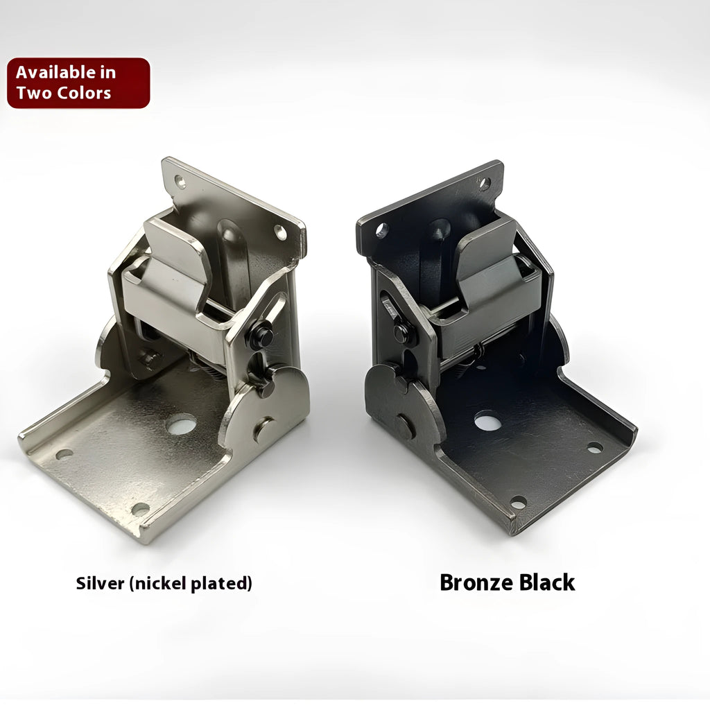 Folding hinge for furniture with adjustable 0 to 90 degree angle and self-locking mechanism.