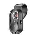 Black mobile magnification microscope with LED light clipped onto smartphone for macro photography
